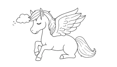 Disegno da colorare di un cavallo alato (Pegaso) accovacciato con ali spiegate e una nuvola di sogni sopra la testa.