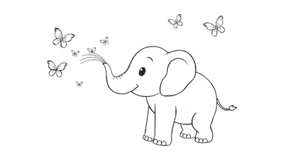 Disegno a mano libera di un elefantino sorridente che spruzza acqua dalla proboscide, con farfalle stilizzate che volano intorno. Sfondo bianco.