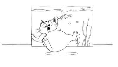 Disegno da colorare di un gatto cartone animato paffuto con espressione sorpresa che cade in un acquario, con un pesce che nuota vicino.