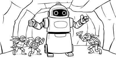 Disegno da colorare: tre Tartarughe Ninja corrono all'attacco di un robot gigante con ruote, in una grotta rocciosa. Una tartaruga ha una fetta di pizza.