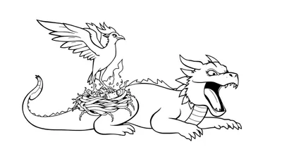 Disegno in bianco e nero di un drago cartoon su cui poggia un nido con una fenice, entrambi circondati da fiamme stilizzate. Ideale per bambini.