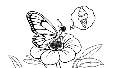Disegno da colorare di una farfalla con occhiali da sole che pensa a un cono gelato, appoggiata su un fiore.