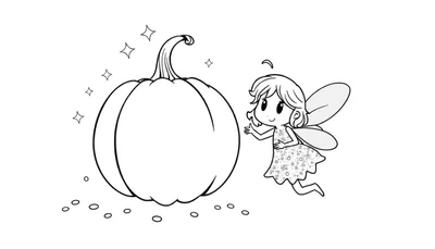Disegno da colorare di una fata con ali che accarezza una zucca, circondata da stelline.