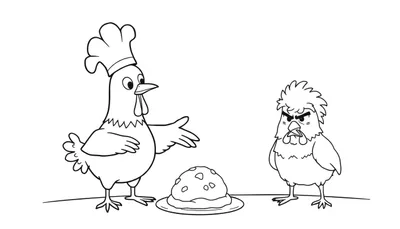 Disegno da colorare di due galline stile cartone animato. Una gallina chef presenta un piatto, l'altra gallina arrabbiata la guarda.