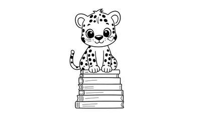 Disegno da colorare di un gattino stilizzato con macchie di leopardo seduto su libri.