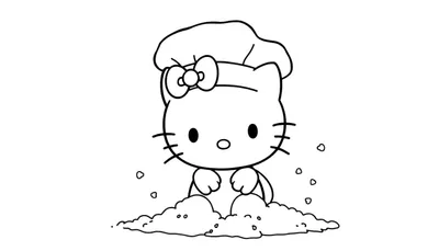 Disegno al tratto di Hello Kitty con cappello da chef seduta in una pila di farina con bollicine, pronto per essere colorato.