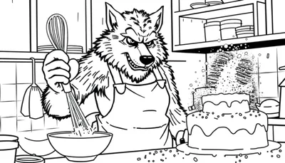 Disegno da colorare di un lupo malizioso con un grembiule che mescola energicamente in una ciotola con una frusta, con una torta glassata e granella sul bancone della cucina.