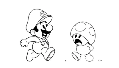 Disegno da colorare di Mario che corre verso un Toad sorpreso.