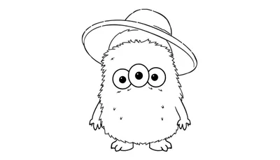 Disegno in bianco e nero di un mostro peloso con tre occhi e un cappello a falde larghe.