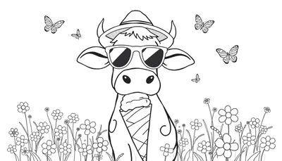 Disegno in bianco e nero di una mucca estiva con cappello e occhiali da sole, che mangia un gelato, circondata da fiori e farfalle.