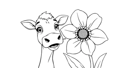 Disegno in bianco e nero di una mucca che guarda a destra, accanto a un grande fiore stilizzato.