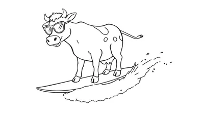 Disegno da colorare di una mucca che fa surf con occhiali da sole su un'onda.
