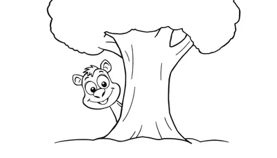 Disegno da colorare di un orsetto sorridente che sbircia da dietro un albero