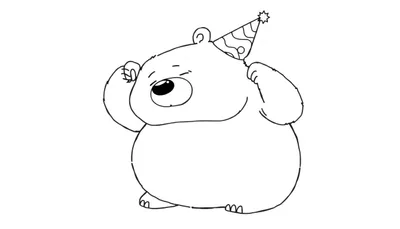 Orso stilizzato con cappello da festa che muove le zampe vicino alla testa, disegno da colorare.