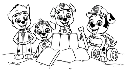 Disegno in bianco e nero di Ryder e i cuccioli dei Paw Patrol che costruiscono un castello di sabbia.
