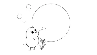 Disegno da colorare di un personaggio dei cartoni animati che soffia bolle di sapone con un fiore.