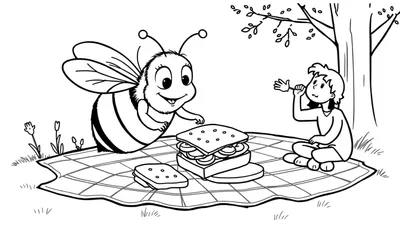 Disegno da colorare di un'ape amichevole e un bambino seduti a un picnic, con un sandwich, fiori e un albero.