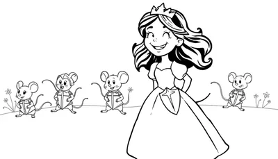 Disegno da colorare di una principessa sorridente con corona e abito lungo, affiancata da quattro topi soldato in fila su un prato fiorito.