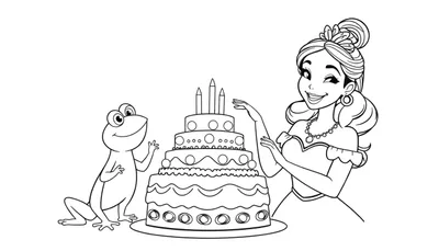 Disegno da colorare di una principessa e una rana che festeggiano un compleanno con una torta.