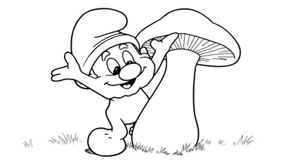 Disegno da colorare di un personaggio tipo Puffo, molto allegro, con cappello a punta, che saluta vicino a un grande fungo in un prato con erba.