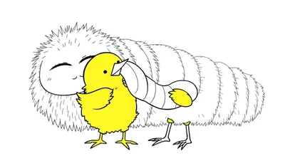 Disegno da colorare di un pulcino giallo che abbraccia un bruco bianco e soffice e gli dà un bacio.