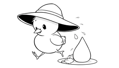 Disegno da colorare di un pulcino che corre con un grande cappello e una foglia, circondato da gocce d'acqua.