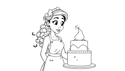 Ragazza con capelli lunghi e grembiule guarda una torta a due piani con goccia decorativa. Disegno da colorare.