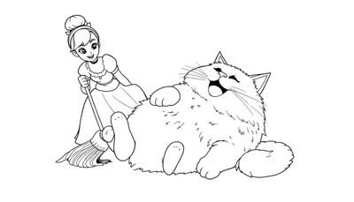 Disegno da colorare di una ragazza con chignon che spazzola un gatto grasso e felice sdraiato sulla schiena con le zampe in aria.
