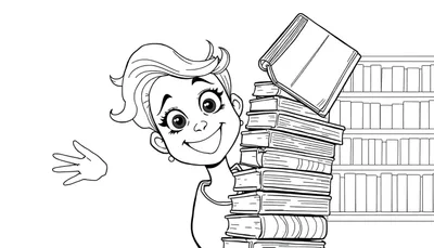 Ragazza sorridente che saluta da dietro una pila di libri, disegno a colori