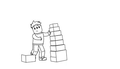 Disegno a mano libera di un ragazzo dei cartoni animati che tiene in equilibrio una pila di scatole, con una scatola a terra. Sfondo bianco.