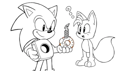Disegno da colorare di Sonic e Tails. Sonic ha una ciambella, Tails è sorpreso.