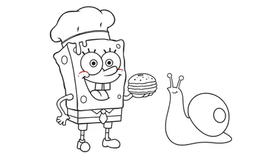 Disegno in bianco e nero di Spongebob Squarepants vestito da chef, che porge un Krabby Patty a una lumaca sorridente. Spongebob ha un cappello da chef, giacca e cravatta. La lumaca ha un grande guscio rotondo e due antenne.