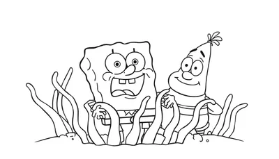 Disegno da colorare di Spongebob Squarepants che abbraccia Patrick Stella, entrambi sorridenti, circondati da alghe in un ambiente sottomarino.