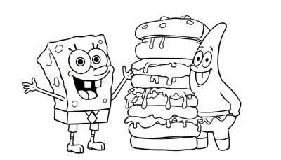 Disegno da colorare di Spongebob che saluta e Patrick che cerca di mangiare un hamburger da una torre alta.