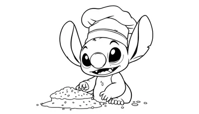 Disegno da colorare di Stitch, il personaggio di Lilo & Stitch, con un cappello da cuoco mentre prepara ingredienti per dolci.