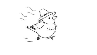 Disegno a mano libera in bianco e nero di un uccellino che cammina con un cappello, con linee curve di movimento sullo sfondo.