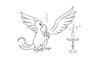 Disegno da colorare: un uccello con ali spiegate tiene una candela accesa, accanto a un candelabro con candela e stelline.