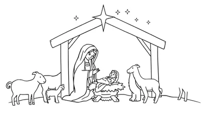 Pagina da colorare con la Natività: Maria inginocchiata accanto alla mangiatoia con Gesù Bambino, una capanna rustica, la Stella di Betlemme e animali come pecore e agnelli.