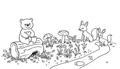 Pagina da colorare con disegnati un orsetto, una volpe, un coniglio, funghi, fiori e un tronco d'albero.