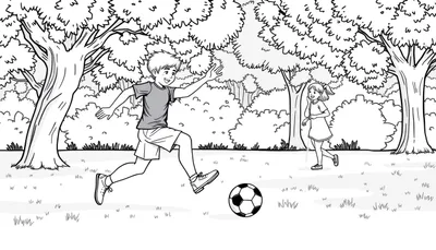 Pagina da colorare in bianco e nero di un ragazzo che corre per calciare un pallone da calcio in un parco con una bambina che lo guarda. Alberi e erba compongono lo sfondo.