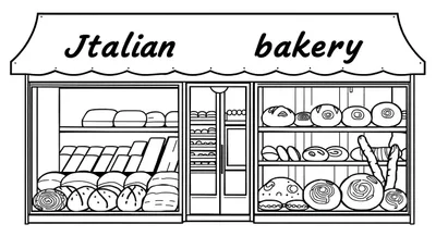 Illustrazione in bianco e nero di una panetteria italiana per pagina da colorare, con tenda, vetrina e prodotti da forno.