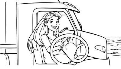 Disegno in bianco e nero di una donna sorridente con lunghi capelli che guida un camion, con un lago o il mare sullo sfondo.