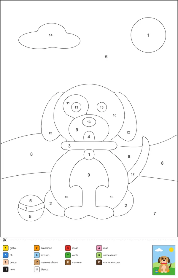Esempio di disegno da colorare con i numeri: un cucciolo con aree numerate e una legenda dei colori