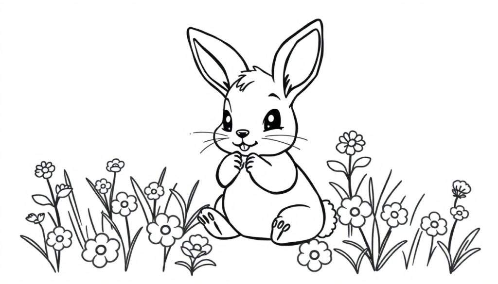 Disegno a contorno di un simpatico coniglietto seduto in un prato pieno di fiori colorati.