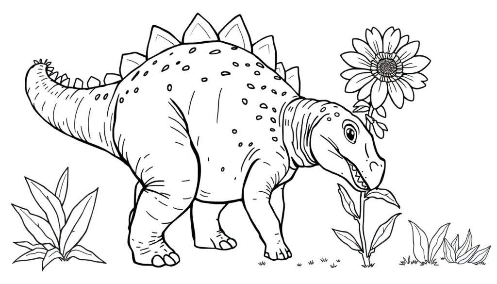 Disegno a tratto nero di uno stegosauro che interagisce con un grande fiore, circondato da vegetazione.