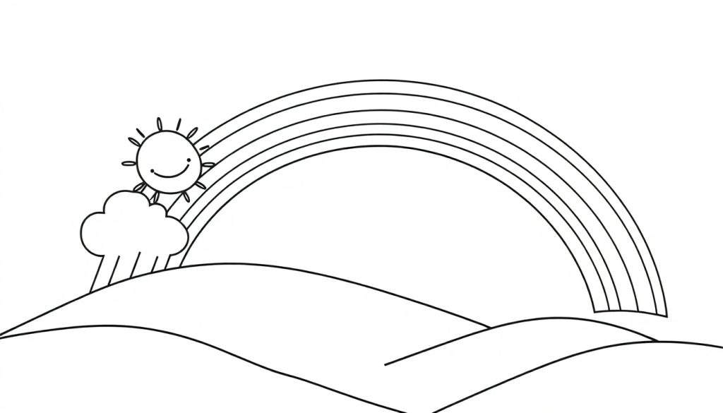 Disegno da colorare di un arcobaleno con un sole sorridente e pioggia che cade da una nuvola su delle colline.