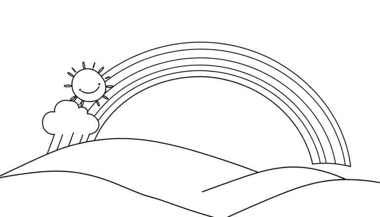 Disegno da colorare di un arcobaleno con un sole sorridente e pioggia che cade da una nuvola su delle colline.