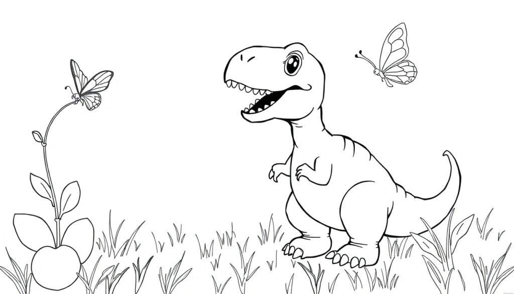 Disegno da colorare di un dinosauro simpatico con occhi grandi e bocca aperta, accanto a una pianta con bacca e due farfalle, su uno sfondo erboso.