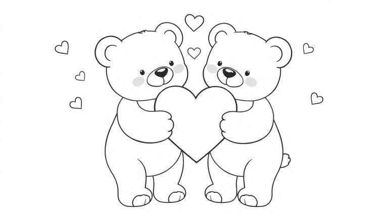 Disegno in bianco e nero di due orsetti carini in piedi che reggono un grande cuore al centro, con piccoli cuori che fluttuano intorno.