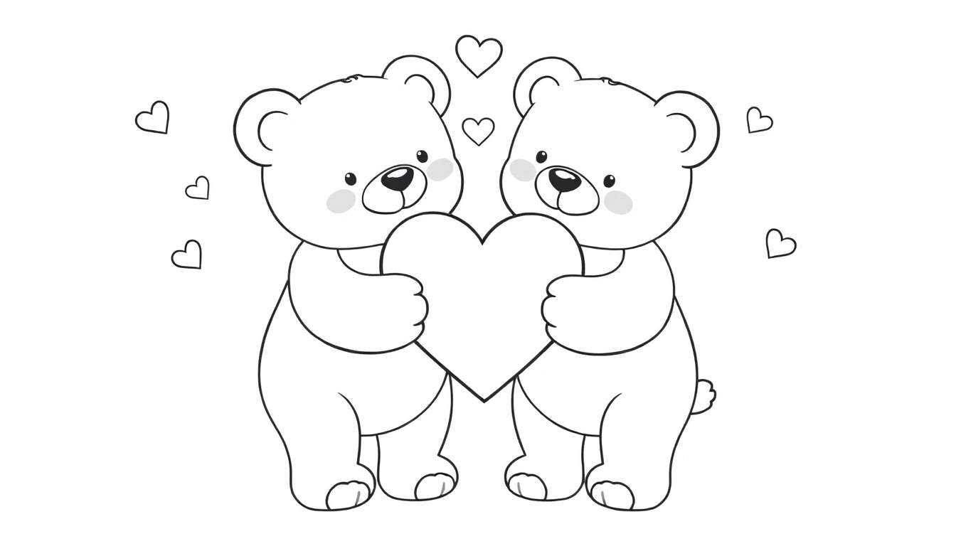 Disegno in bianco e nero di due orsetti carini in piedi che reggono un grande cuore al centro, con piccoli cuori che fluttuano intorno.